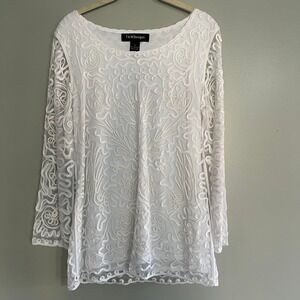 T&W Designs White Soutache Embroidered Mesh Long Sleeve‎ Blouse Top Medium boho
